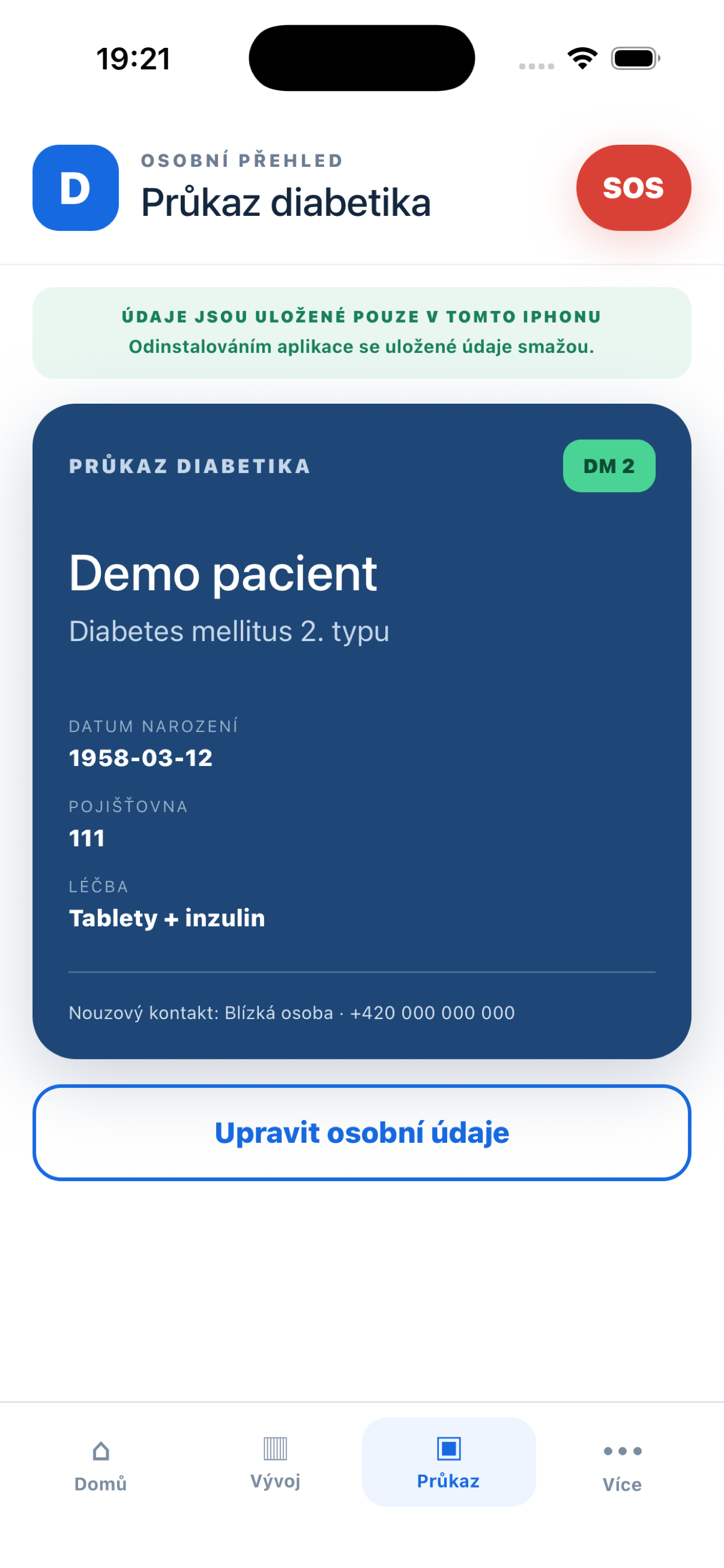 Průkaz diabetika s nouzovým kontaktem